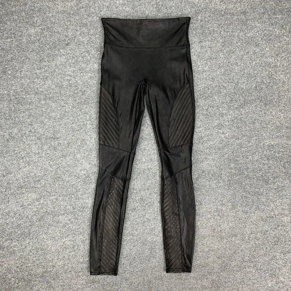 Spanx Leggings Women S Small Black Coated Faux Leather Moto Pull On Ribbed Panel